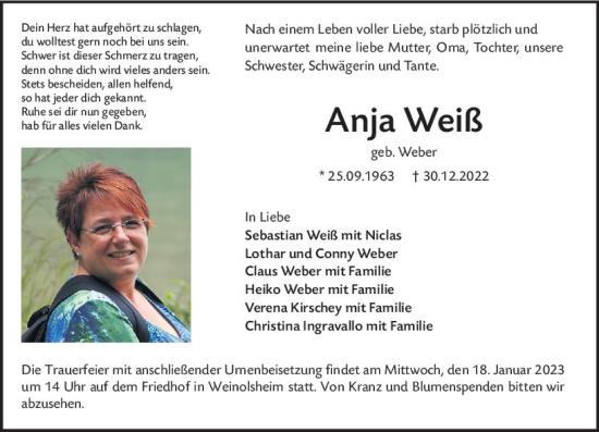 Traueranzeige von Anja Weiß von Allgemeine Zeitung Mainz