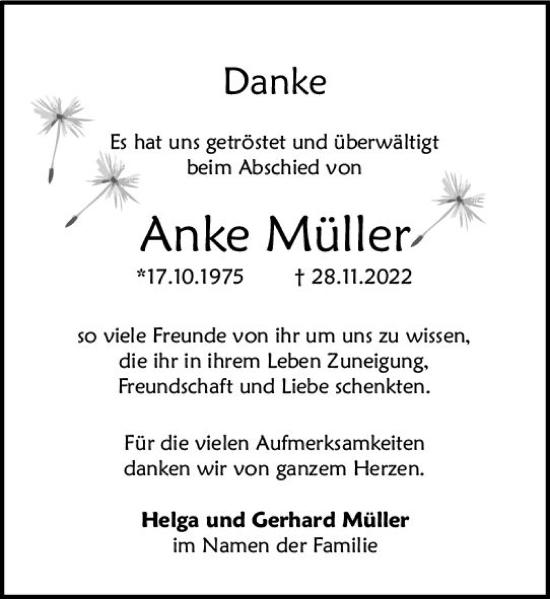 Traueranzeige von Anke Müller von Allgemeine Zeitung Mainz