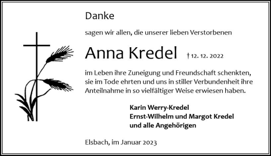 Traueranzeige von Anna Kredel von Odenwälder Echo