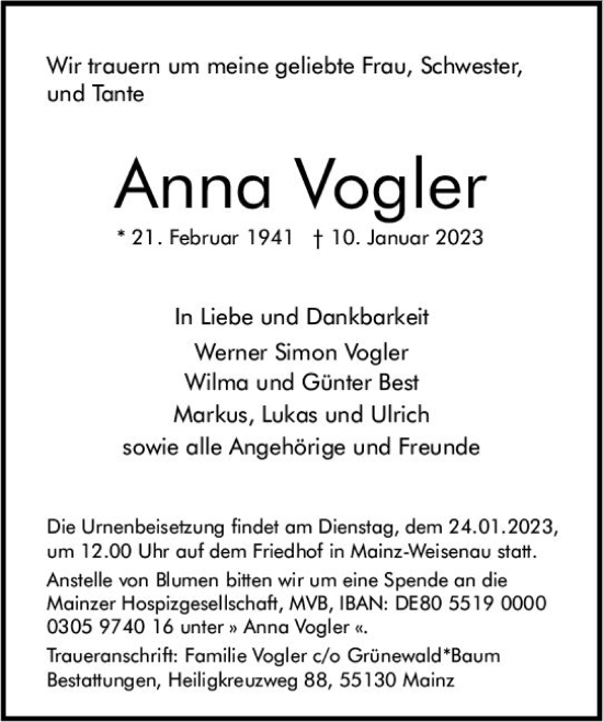 Traueranzeige von Anna Vogler von Allgemeine Zeitung Mainz