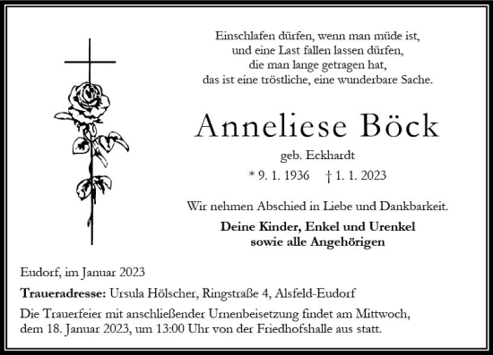 Traueranzeige von Anneliese Böck von OK Oberhessen Kurier
