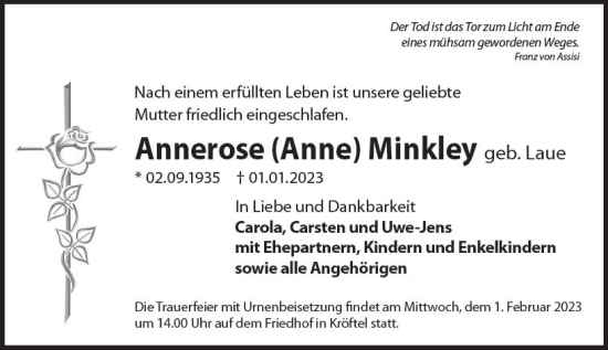 Traueranzeige von Annerose Minkley von Idsteiner Land / Untertaunus Kurier