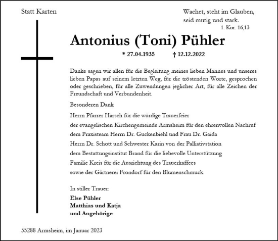 Traueranzeige von Antonius  Pühler von Allgemeine Zeitung Alzey
