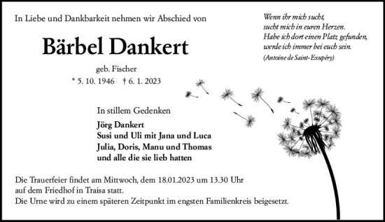 Traueranzeige von Bärbel Dankert von Darmstädter Echo