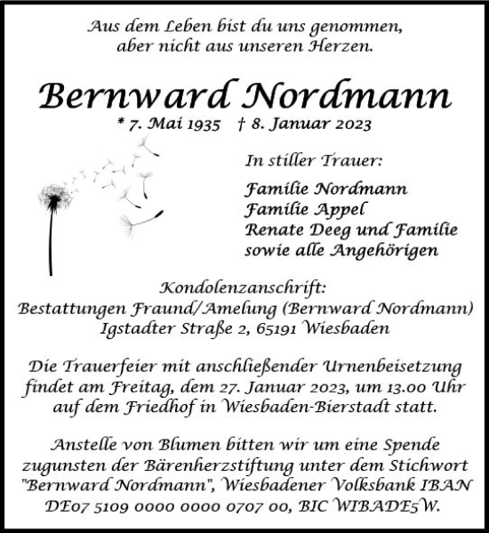 Traueranzeige von Bernward Nordmann von Wiesbadener Kurier gesamt