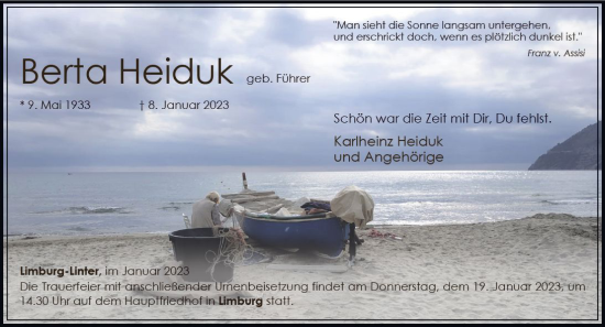 Traueranzeige von Berta Heiduk von Nassauische Neue Presse