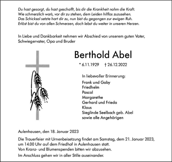 Traueranzeige von Berthold Abel von Weilburger Tageblatt