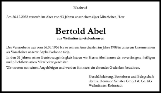 Traueranzeige von Bertold Abel von Weilburger Tageblatt