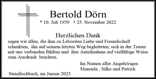Traueranzeige von Bertold Dörn von Camberger Anzeiger