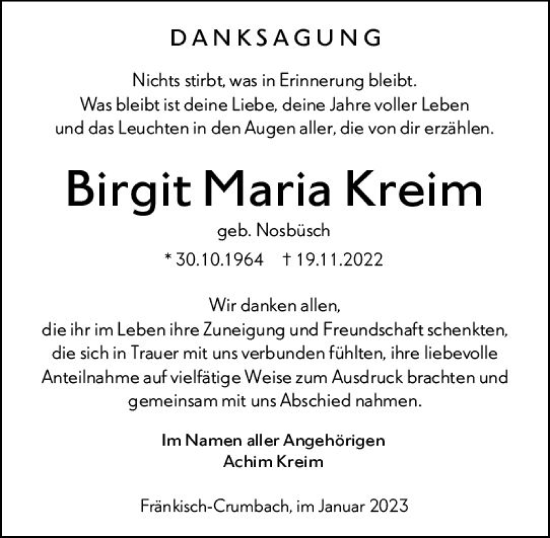 Traueranzeige von Birgit Maria Kreim von Starkenburger Echo