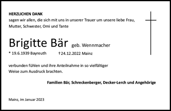 Traueranzeige von Brigitte Bär von Allgemeine Zeitung Mainz