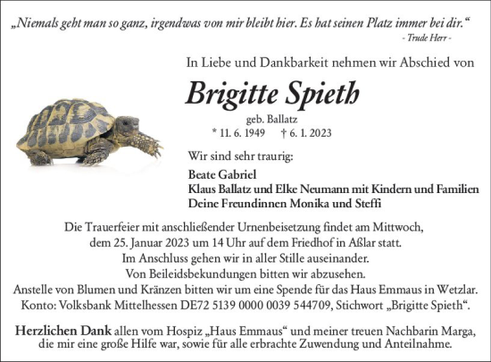 Traueranzeige von Brigitte Spieth von Wetzlarer Neue Zeitung