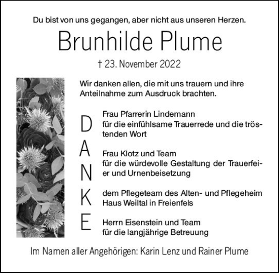 Traueranzeige von Brunhilde Plume von Weilburger Tageblatt