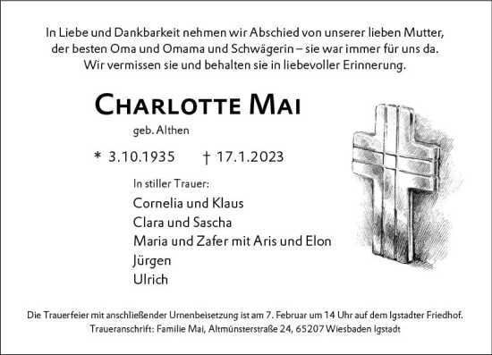 Traueranzeige von Charlotte Mai von Wiesbadener Kurier gesamt