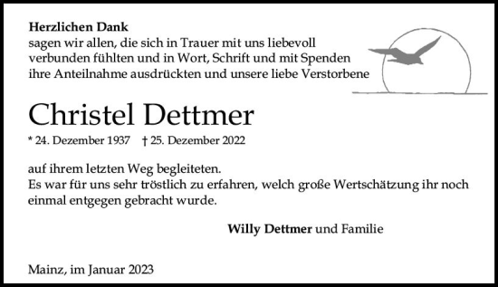 Traueranzeige von Christel Dettmer von Allgemeine Zeitung Mainz