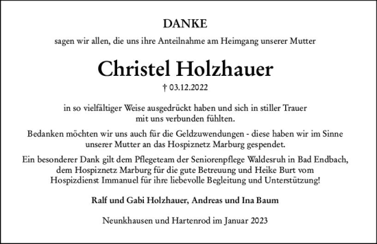 Traueranzeige von Christel Holzhauer von Hinterländer Anzeiger