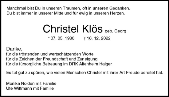 Traueranzeige von Christel Klös von Dill Block