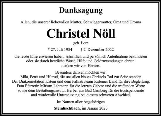 Traueranzeige von Christel Nöll von Camberger Anzeiger