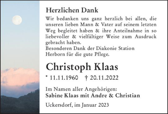 Traueranzeige von Christoph Klaas von Dill Block