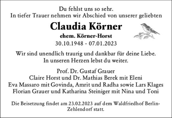 Traueranzeige von Claudia Körner von Wiesbadener Kurier gesamt