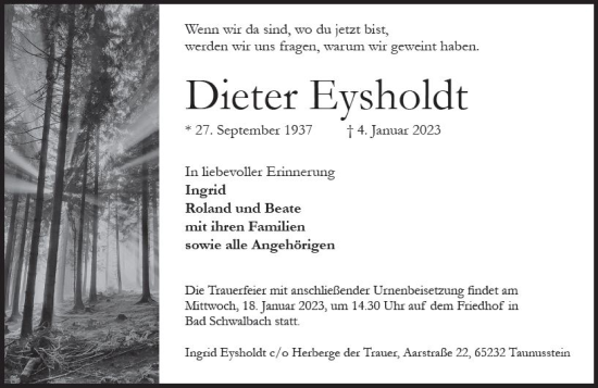 Traueranzeige von Dieter Eysholdt von Idsteiner Land / Untertaunus Kurier