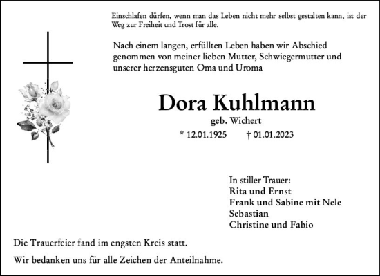 Traueranzeige von Dora Kuhlmann von Wetzlarer Neue Zeitung
