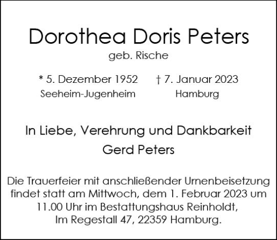 Traueranzeige von Dorothea Doris Peters von Darmstädter Echo