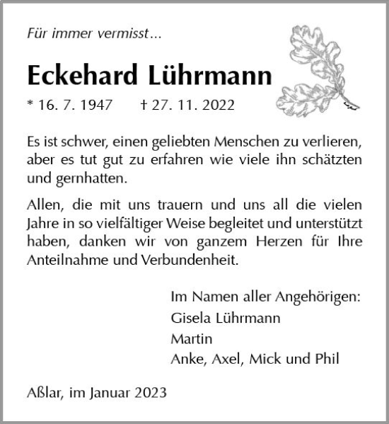 Traueranzeige von Eckehard Lührmann von Wetzlarer Neue Zeitung
