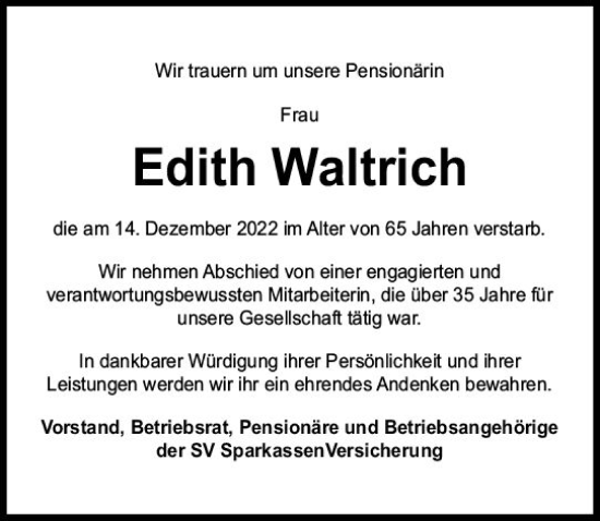 Traueranzeige von Edith Waltrich von Wiesbadener Kurier gesamt