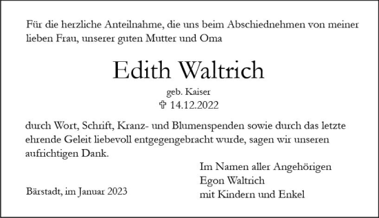 Traueranzeige von Edith Waltrich von Wiesbadener Kurier gesamt