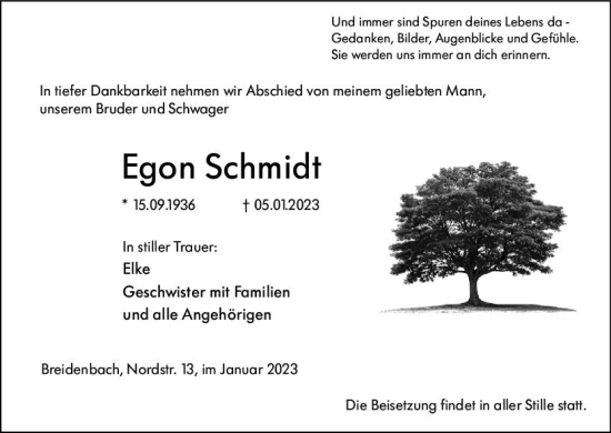 Traueranzeige von Egon Schmidt von Hinterländer Anzeiger