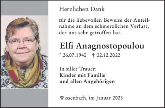 Traueranzeige von Elfi Anagnostopoulou von Dill Block