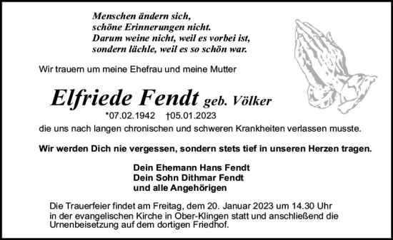 Traueranzeige von Elfriede Fendt von Darmstädter Echo