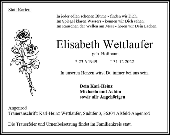 Traueranzeige von Elisabeth Wettlaufer von OK Oberhessen Kurier