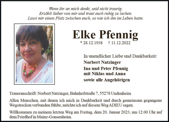 Traueranzeige von Elke Pfennig von Allgemeine Zeitung Mainz