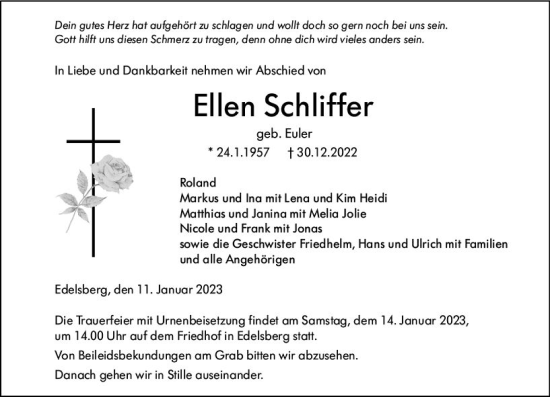 Traueranzeige von Ellen Schliffer von Weilburger Tageblatt