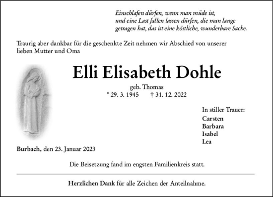 Traueranzeige von Elli Elisabeth Dohle von Dill Block