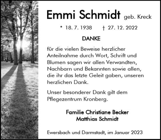 Traueranzeige von Emmi Schmidt von Dill Block