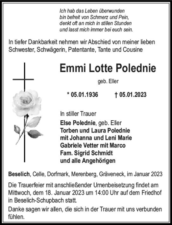 Traueranzeige von Emmi Lotte Polednie von Weilburger Tageblatt