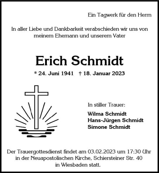 Traueranzeige von Erich Schmidt von Wiesbadener Kurier gesamt