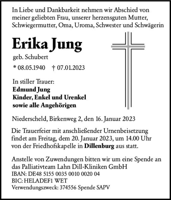 Traueranzeige von Erika Jung von Dill Block