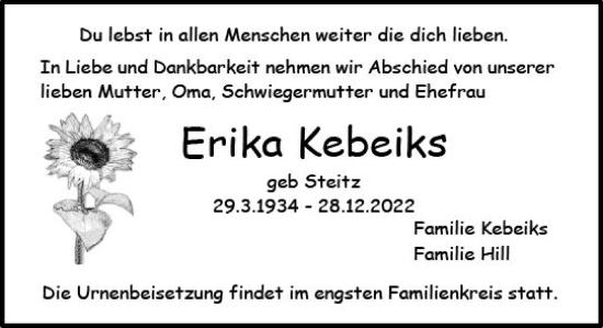 Traueranzeige von Erika Kebeiks von Darmstädter Echo