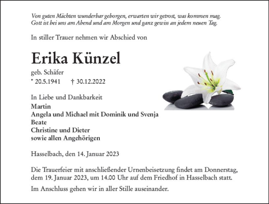 Traueranzeige von Erika Künzel von Weilburger Tageblatt