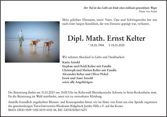 Traueranzeige von Ernst Kelter von Allgemeine Zeitung Bad Kreuznach
