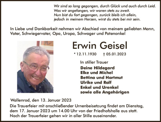 Traueranzeige von Erwin Geisel von VRM Trauer