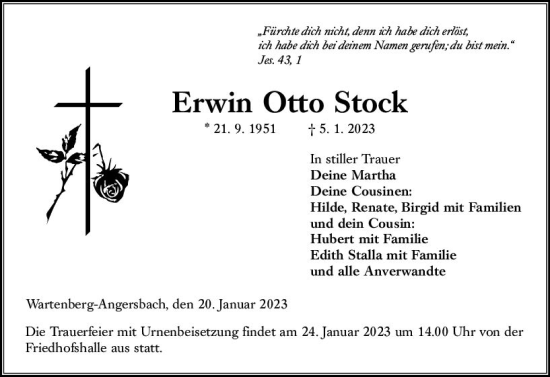 Traueranzeige von Erwin Otto Stock von VRM Trauer