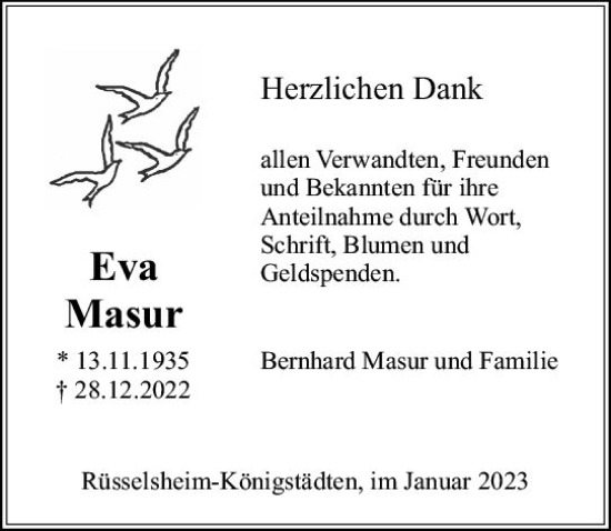 Traueranzeige von Eva Masur von Rüsselsheimer Echo