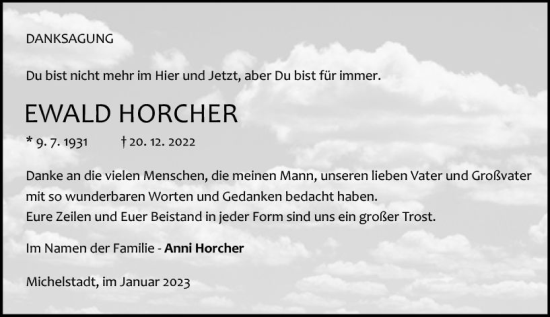 Traueranzeige von Ewald Horcher von Odenwälder Echo