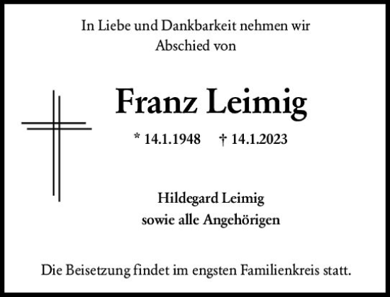 Traueranzeige von Franz Leimig von Allgemeine Zeitung Bad Kreuznach