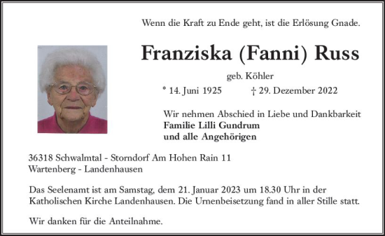 Traueranzeige von Franziska Russ von VRM Trauer